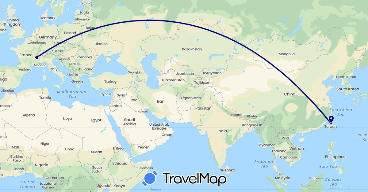 TravelMap itinerary: driving in France, Taiwan (Asia, Europe)